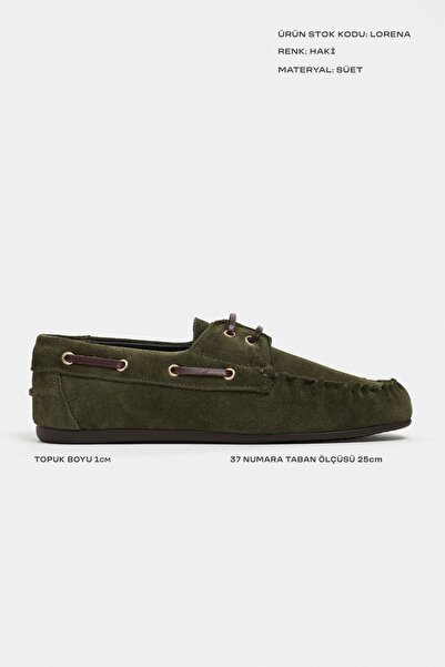NİŞANTAŞI SHOES Lorena Haki Süet Deri Marin Bağcık Detay Düz Taban Kadın Loafer