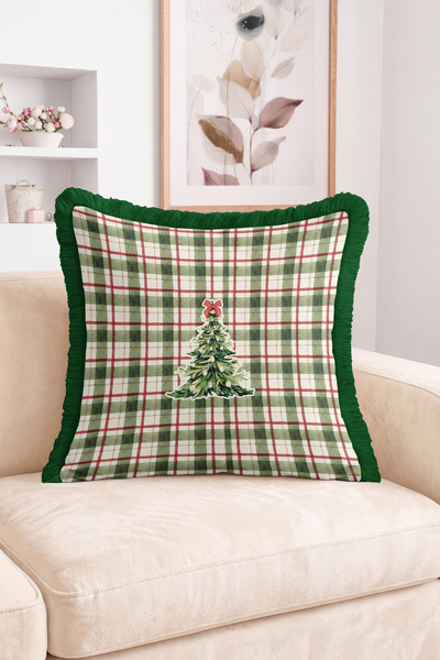 Realhomes Christmas Pine Tree Figured Green and Red Plaid Patterned Fringed-T...