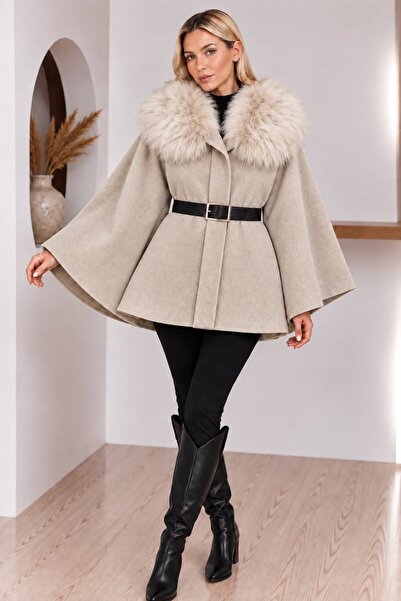 Moda Banuş Fur Collar Belted Cashmere Poncho