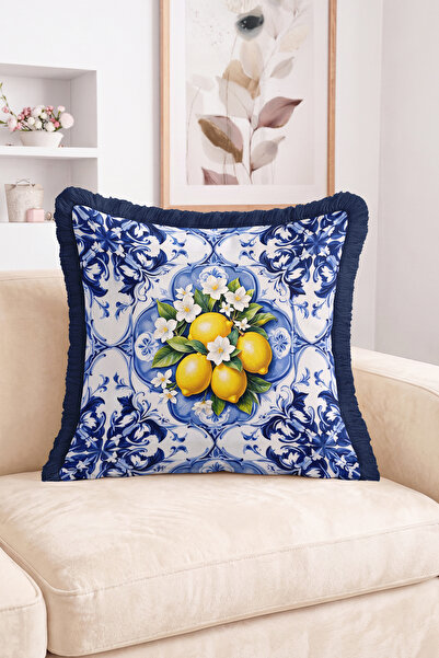 Realhomes Lemon Flower and Blue White Tile Pattern Fringed-Tasseled Throw Pil...