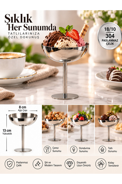 ARVALE 3 Adet 8 Cm 18/10 304 Paslanmaz Çelik Ayaklı Sunumluk – Metal Çerezlik...