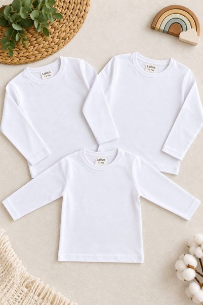 AYDEDE KİDS Girls' and Boys' 3-Piece Long Sleeve Crew Neck Badi T-Shirt White