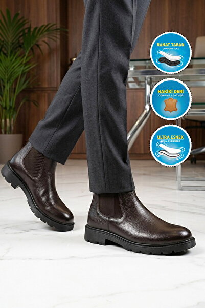 AYAKMOD Brown Genuine Leather Men's Classic Chelsea Boots with Side Elastic a...