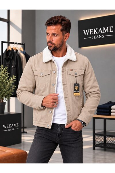 WKM Men's Casual Regular Fit Fur Lined Denim Jacket