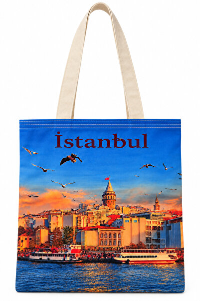 TRENDHİLL Istanbul Galata Tower Landscape Pattern Printed Cotton Cloth Bag 35...