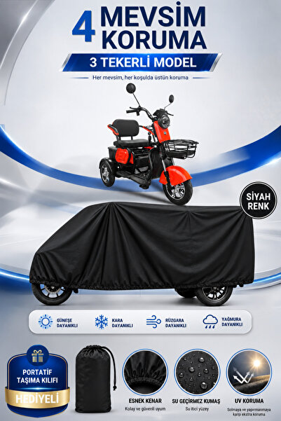 Motobros YUKİ YK-56 PONY Uyumlu 3 Tekerlekli Elektrikli Araç Brandası Siyah Su Geçirmez UV Korumalı 4 Mevsim Motosiklet Branda