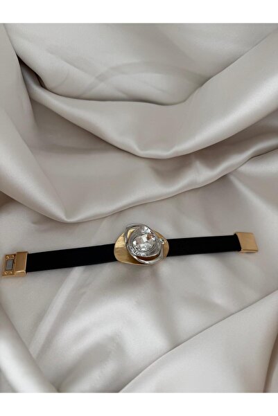 ZS Aksesuar Gold Silver Color Crystal Stone Detailed Black Leather Women's Br...