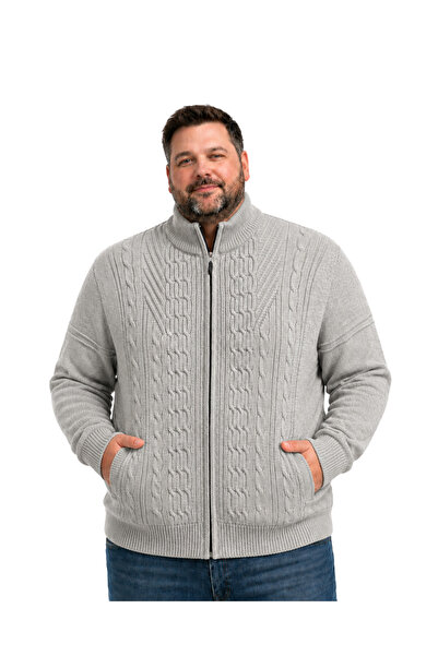 BattalModa Erkek Büyük Beden Bej Örgülü Hattush Dik Yaka Triko Hırka 3XL-4XL-...