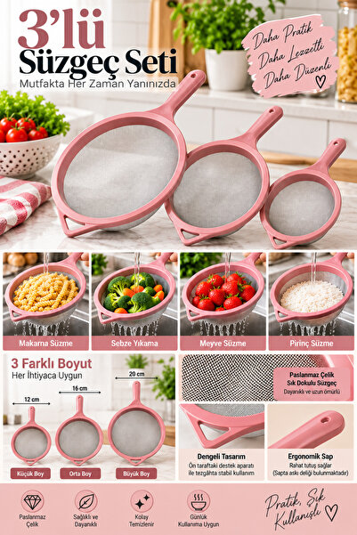 MAKRİ HOME 3’lü Paslanmaz Çelik Tel Süzgeç Seti 12-17-22 cm Pembe Mutfak Süzgeci