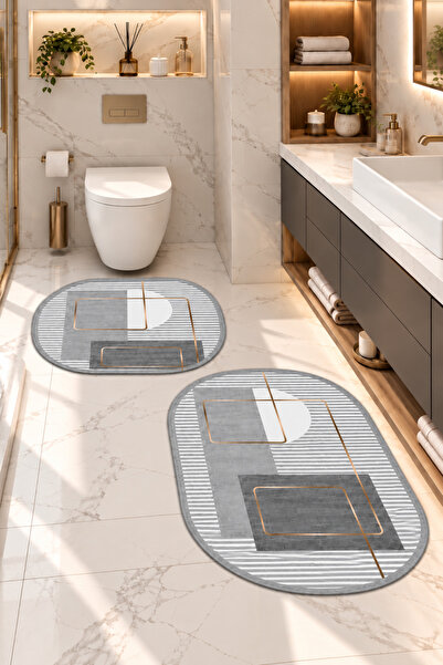 Kaymaz Tabanlı Yıkanabilir 2’li Oval Gri Banyo Paspası ve Klozet Takımı – Modern Banyo Halısı
