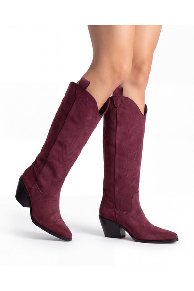 Tibu Ayakkabı Women's Burgundy Suede Embroidered Western Adalina Cowboy Boots