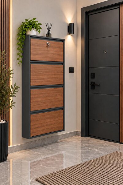 Karlı Home 4 Lü Kilitli Ahşap Kapaklı Metal Ayakkabılık 8 Çift Ayakkabı Kapas...
