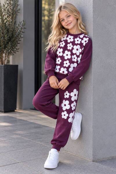 Yalçınoğlu Kids Girls Floral Pattern 2 Yarn Tracksuit Set Sweatshirt and Jogg...