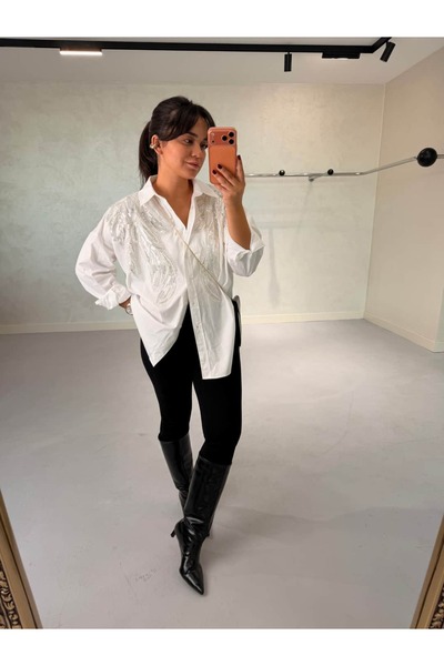 Boncuk İşlemeli Ve Nakışlı Oversize Gömlek