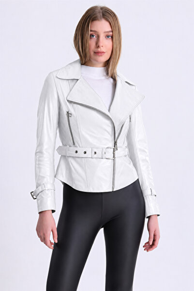 Leather Club Beyaz Kemer Aksesuarlı Fitted Deri Ceket