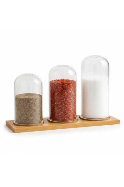 Cambu Bamboo Tray Borosilicate Glass Salt Shaker Set of 3