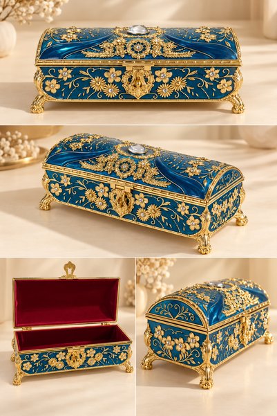 RASHA COLLECTION Flower Embroidered Gold Detailed Jewelry Box Small Size