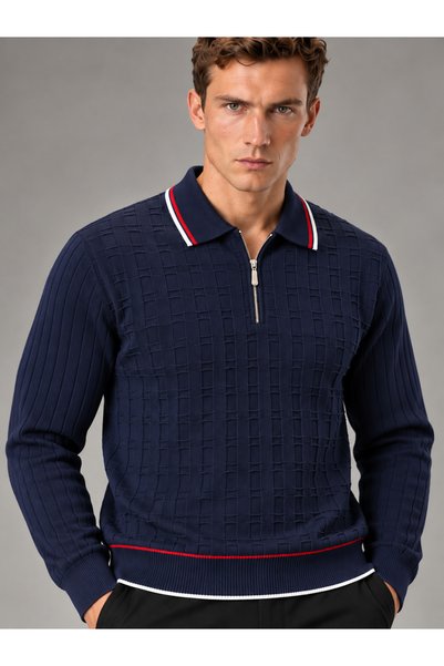 HK Premium Tekstil Erkek Fermuarlı Polo Yaka Sepet Dokulu Triko Kazak