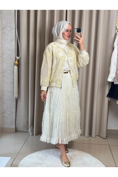 Mimoza Butik MMZ Katlı Şifon Etek Ekru