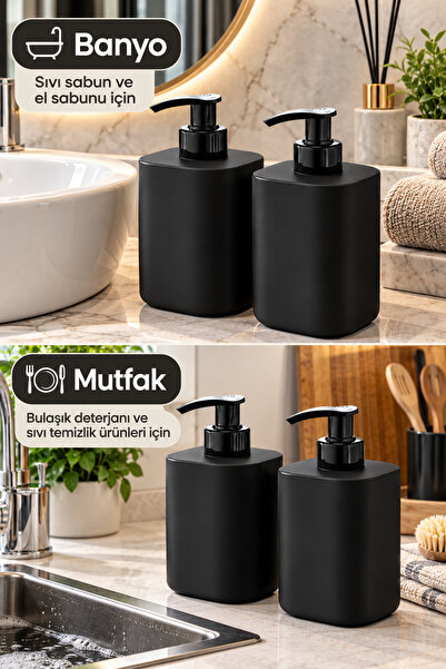 grimorlife 2'li Sıvı Sabunluk Seti 500 ml – Plastik Sıvı Sabun ve Deterjanlık Pompalı Sabunluk Banyo Seti- Siyah