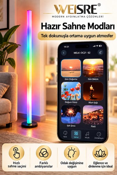 Weisre RGB LED Akıllı Ayaklı Lambader Bluetooth Uygulamalı Kumandalı Renkli Ambiyans Aydınlatma