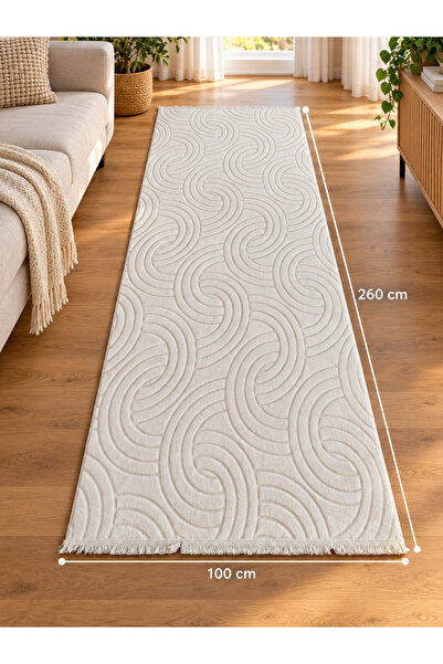 OEM Covor traversă antiderapant 100×260 cm, alb ivory, model cu linii curbe î...