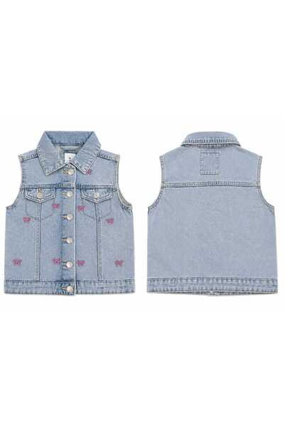 Generic Brand Vestă din denim pentru fetițe, cu fundițe roz