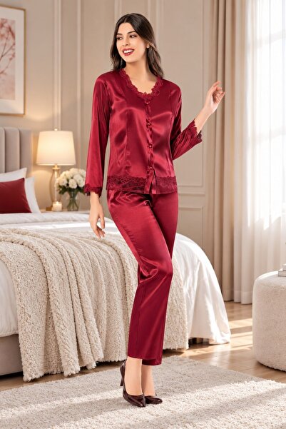Kore Sateni Güpür Detaylı Uzun Kollu Full Düğmeli Pijama Takımı