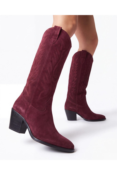 Tibu Ayakkabı Women's Burgundy Suede Embroidered Western Adalina Cowboy Boots