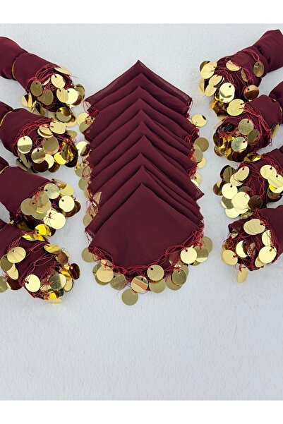 Bordo Rengi Lüx Gold Pullu Şifon Halay Mendili 10 Adet, Gelin Damat Düğün Kına Sünnet Nişan Bride