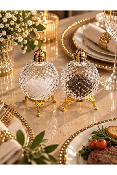 sigmaglas Gold Detaylı 2 Li Tuzluk Biberlik Seti Modern Şık Tasarımlı Sofra M...