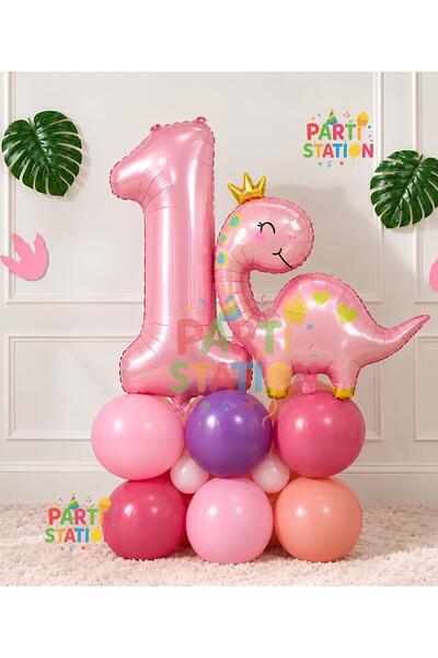 Parti Station Cute Pink Dinosaur Concept 1 Year Old - 10 Piece Birthday Ballo...