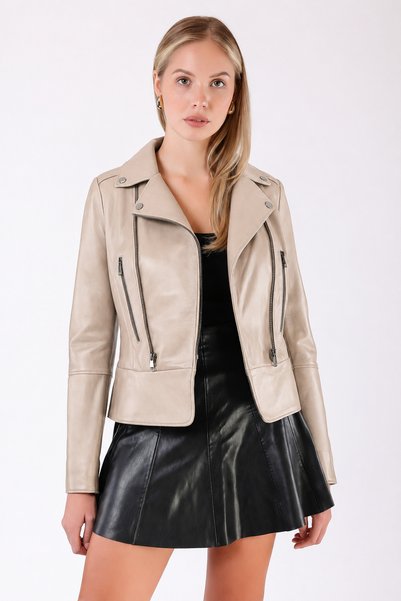 Leather Club Bej Fitted Kruvaze Deri Ceket