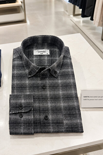 Varetta Men's Black Gray Checkered Winter Shirt with Collar, Buttons, Single ...