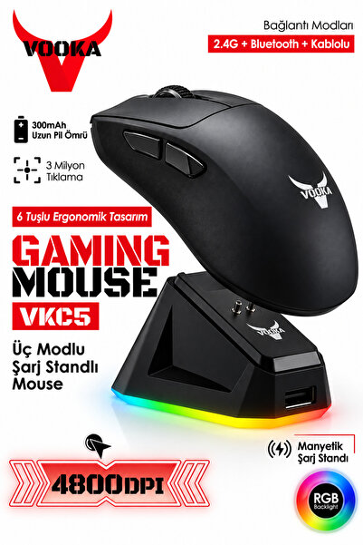VOOKA VKC5 Kablosuz Gaming Mouse – Manyetik RGB Şarj Standlı, 4800 DPI, Bluet...