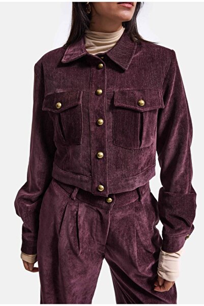 it's basic Kadın Bordo w6-52 Boxy Fit Pürüzsüz Velvet Kadife Kumaş Tasarım Ceket