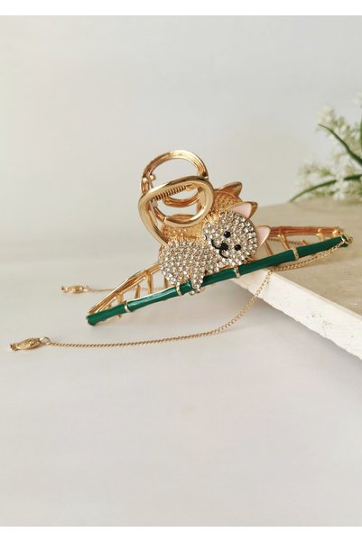 Halley Concept Green Stick Crystal Stone Cat Figured Chain Detailed Latch Buckle
