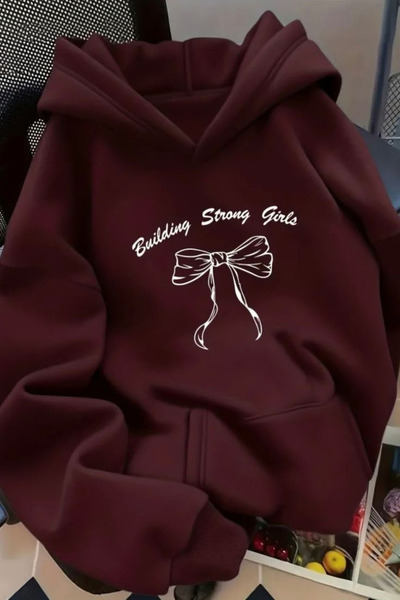 HAI COLLECTİON Bordo Oversize Kapüşonlu Sweatshirt Pamuklu Baskılı Kadın / Kız