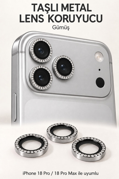 Evax [Taşlı] iPhone 18 Pro Max / 18 Pro Uyumlu Gümüş Taşlı Çerçeveli Cam Kame...