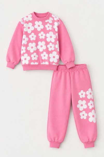 Yalçınoğlu Kids Kız Çocuk Çiçek Desenli 2 İplik Eşofman Takımı Sweatshirt ve Jogger Pantolon Günlük Spor Giyim Rahat Kalıp Çocuk Eşofman Seti 2-9 Yaş