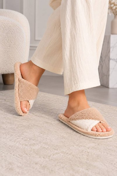 ModaMert Women's Beige Plush Cross-Strapped Home Slippers Non-Slip Sole, Soft and Warm House Slippers
