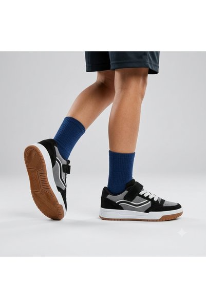 KİNDEP (Lafonten) Velcro Non-Slip Sole Children's Sneakers Black Smoke