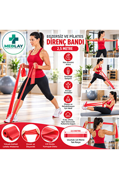 MEDLAY Band 2,5 Metre Kırmızı Egzersiz Pilates Bandı,orta Sert Direnç Lastiği
