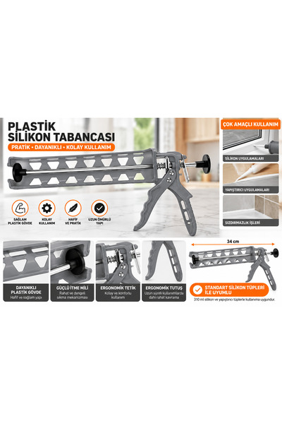 Plastik Silikon Tabancası Gri – Silikon ve Mastik Uygulama Tabancası – Hafif ve Ergonomik