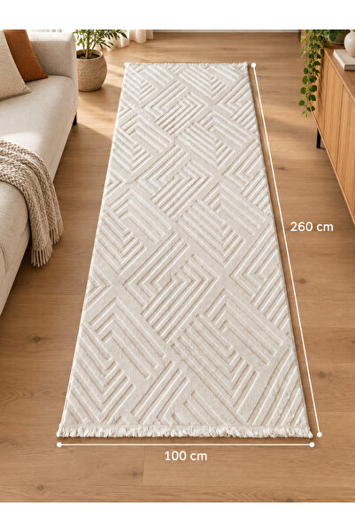 OEM Covor traversă 100×260 cm, alb ivory, model geometric în relief, cu spate...