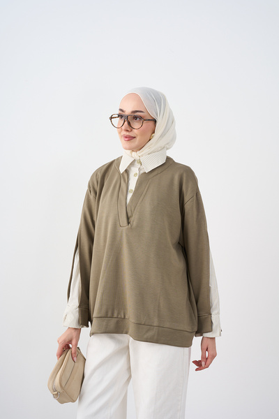LOCCO Kadın Gömlek Yaka Çizgi Detay Sweatshirt Yeşil