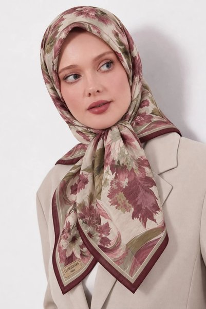 Lesscarves Шал от памук и коприна с десен 90x90 LS2213 06-Пудра-Суха роза-Каки