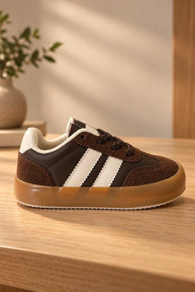 Tonny Black Çocuk Unisex Kahve Bej Microlight Taban Rahat Bağcıklı Sneaker