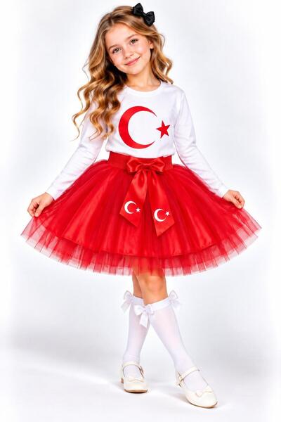 Nacar Kız Çocuk Ay Yıldız Baskılı Uzun Kollu Tişört Tütü Etek Takımı 23 Nisan...