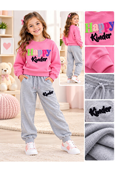 Uğur bebe 100% Cotton Girls' Tracksuit Set Pink Gray Happy Kinder Printed Swe...